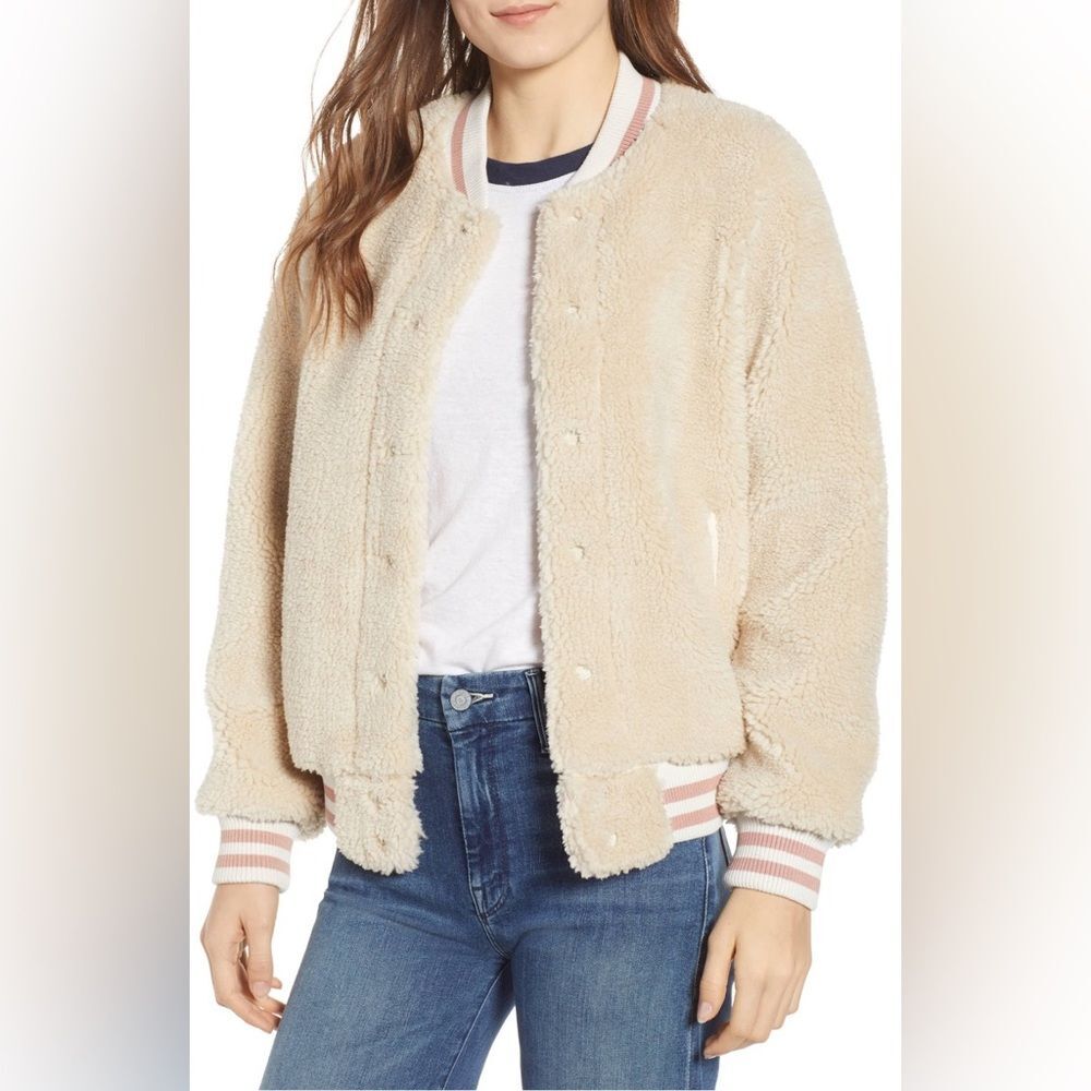 MOTHER Cream Teddy Bomber Jacket with Pink-White Striped Trim